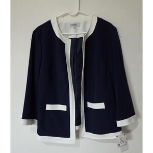 NEW Kasper White Navy Blue Career Open Front Jacket Blazer Contrast Trim Size 16